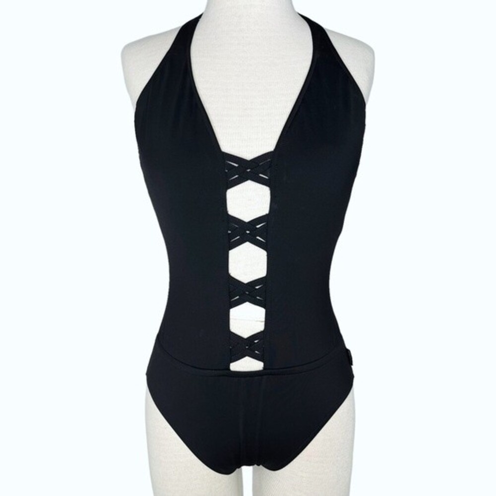 Kenneth Cole New York One Piece Swimsuit sz S * Black Cage Front Halter Peekaboo
